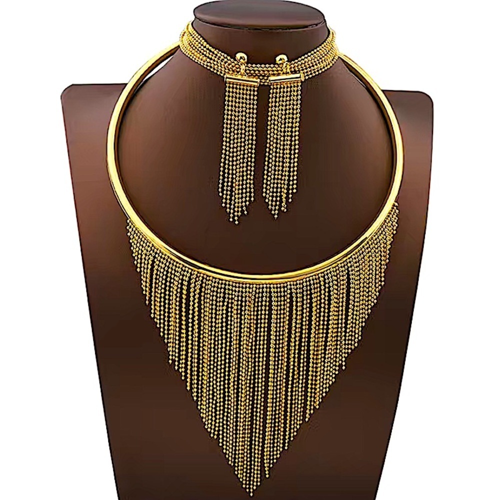 Gold Fringe Tassel Necklace Bracelet Earrings Matching Boho Set